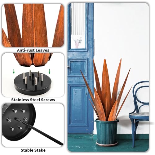 KODIBO Metal Agave Plants, Tequila Rustic Sculpture, Metal Yard Art, Outdoor Lawn Ornaments Yard Stakes (Rusty- L) - color: Rusty- L