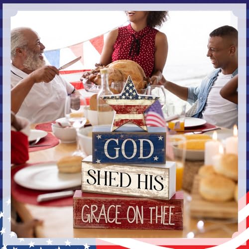 CroBlissful 4 Pcs 4th of July Decorations Patriotic Memorial Day Tabletop Decoration Red White Blue Table Centerpieces Sign for Office Tiered Tray Home Shelf 250th Anniversary(God Star) - style: God Star