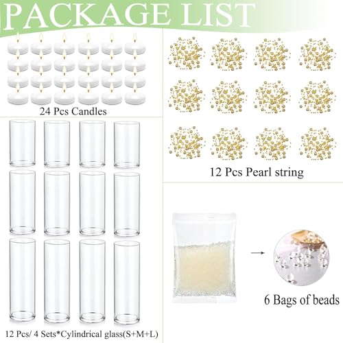 Set of 12 Glass Cylinder Vases for Centerpieces with 8 Pack Vase filler 12 Pearl String 24 White Floating Candles for Centerpieces, Table Center pieces for Wedding Party Home Decor 5, 6, 8 Inch - style: 12 Set(5,6,8Inch)