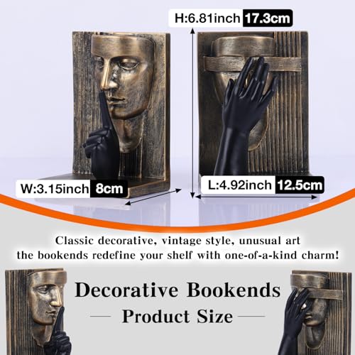 Novelty Book Stopper - Face Sculpture Decorative Bookends,Modern Abstract Art Book Ends for Heavy Books,Shelves, Home Office Decor Aesthetic,Unique Bookshelf Accessories(Brass-Look Bookends) - color: A-vintage Gold