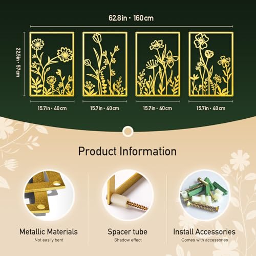 Sokurdeg Gold Metal Flowers Wall Decor, Minimalist Floral Metal Wall Hanging Art for Bedroom Bathroom Living Room (4 Pcs, 15.7 x 22.5 in) - color: Gold, size: 15.7 x 22.5 in