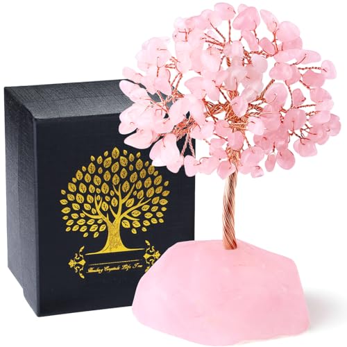 QINJIEJIE Rose Quartz Crystal Tree Healing Crystals Pink Desk Decor Gemstone Tree Natural Stones Base Copper Wire Attract Luck Money Trees Office Decor Energy Spiritual Meditation Gift - color: 1 Pink - Rose Quartz, size: 5.2 in