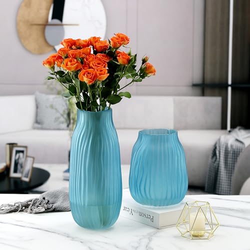 Frosted Blue Ribbed Glass Vase 12in Boho Elegant Decorative Vases for Home Flowers Arrangements, Centerpieces, Dinner Table and Modern Decor - color: Frosted Blue, size: H-12.0IN