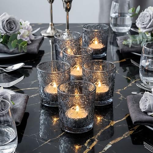 12 Pack Hummingbird Embossed Glass Candle Holders – Votive Tealight Holders with Patent Design, Decorative Embossed Glass Cups for Wedding Centerpieces, Parties, and Home Décor (Smoky Quartz) - color: Smoky Quartz