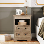 LIKIMIO Night Stand, Modern Bedside Table with 2 Drawers, Open Shelf, End Table with Pull-Out Tray, Wood SideTable, Grey Oak - color: Grey Oak