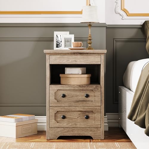 LIKIMIO Night Stand, Modern Bedside Table with 2 Drawers, Open Shelf, End Table with Pull-Out Tray, Wood SideTable, Grey Oak - color: Grey Oak