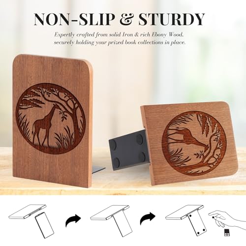 Giraffe Gifts, Giraffe Bookends - Heavy Duty Iron & Ebony Wood Book Ends for Shelves Bookcase Desk - 1 Pair, 4.72x6.69 Inches - Eating Leaves - color: Eating