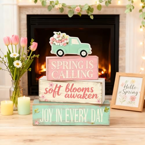 Spring Decoration Wooden Tiered Tray Decor – Floral Spring Pickup Truck Stacked Block Sign with Blooming Flower Topper – Farmhouse Tabletop Spring Decor for Shelf Mantel Seasonal Home Display - style: Spring Truck