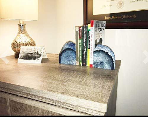 JIC Gem Agate Decorative Book Ends Blue Gemstone Geode Bookends Cool Crystal Bookends for Shelves Book Ends for Heavy Duty Books with Rubber Bumpers for Office and Home Décor (1 Pair,4-6 LBS) - color: Blue Dyed, size: 4-6LBS.