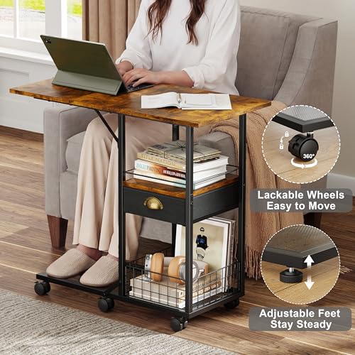 Rolling Coffee Table with Oversized Double-Wide Wood Top, Mobile Tv Tray with Storage Drawer and Wheels for Sofa, Portable Side Table for Living Room, Home Office, Spacious Desk for Working Studying - color: Black, size: 2XL