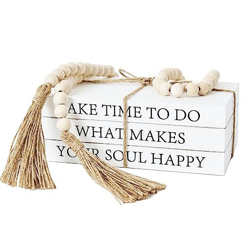 Decorative Books for Home Decor, White Faux Books for Decoration, Rustic Farmhouse Stacked Display Books with 52in Wood Bead Garland for Coffee Tables Living Room (TAKE TIME to DO) - style: TAKE TIME TO DO