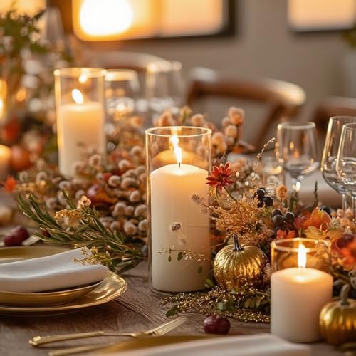 24 Pcs White Pillar Candles with Glass Candle Holder Hurricane Glass Candle Holders Clear Cylinder Vases for Centerpieces Wedding Office Party Home Table Decor