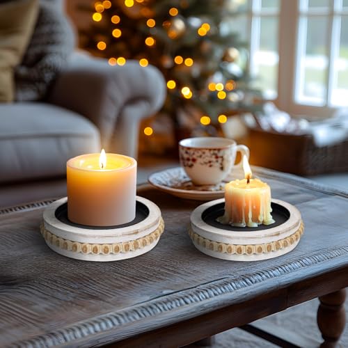 Candle Pedestal for Pillar Candle Set of 2, Rustic Round Beaded Risers Wood Tray, Farmhouse Wood Beaded Trayfor Tiered Tray, Candle, Mug Display Decorative, Table Centerpiece, Antique White - color: Antiquewhite, size: Set of 2