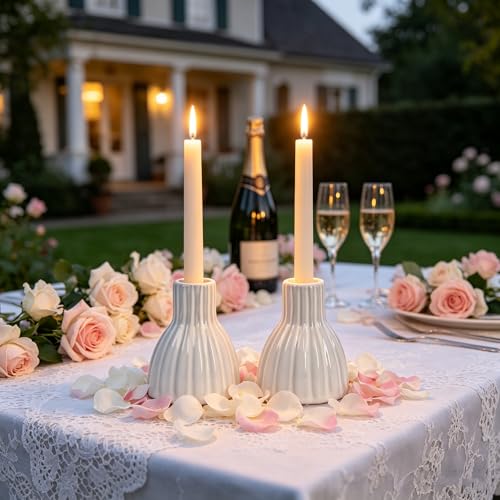 2PCS Vintage Ceramic Candle Holder Distressed White Ribbed Ceramic Candlesticks Stands for Table Desktop, Mantel, Home Decor 3.39" H - color: White