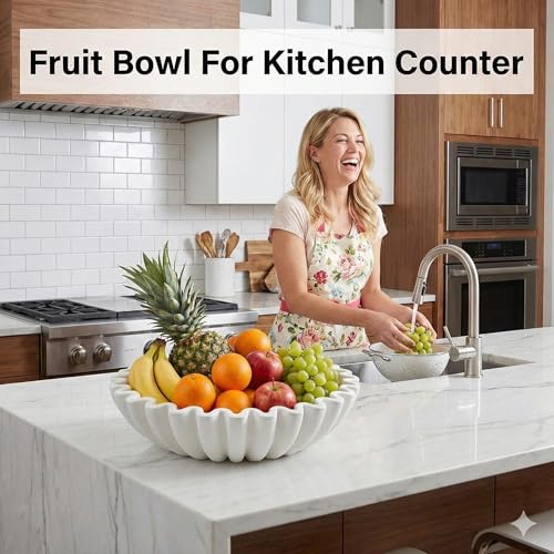 Hand-Poured Solid Concrete Decorative Bowl - Scalloped Ruffle Large Fruit Bowl, Organic Modern & Wabi Sabi Centerpiece for Kitchen Counter, Entryway Key Holder, Coffee Table Decor(10" Beige) - color: White