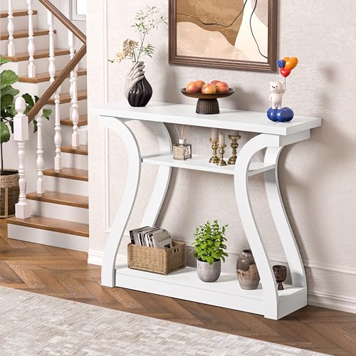 Wooden Console Table with Curved Legs and Shelf, 3-Tier Modern Accent Narrow Sofa Table for Entrance Area, Living Room, Hallway, 47 in Wide Wood Console Table for Entryway (White) - color: White
