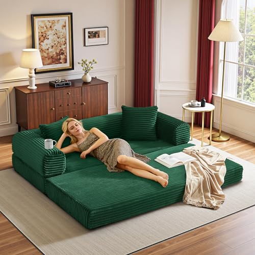 Boneless Couch Versatile Couches for Living Room No-Install Sofa Bed Corduroy Futon Soft Cloud Couch with Pillows for Bedroom Game Movie (Green, 76") - color: Green