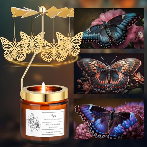 Rotatable Rose Scented Candle Gifts, Butterfly Gifts for Women Mom Wife Anniversary Valentine's Day Christmas, Unique Birthday Gift for Sister Girlfriend with Gift Box - color: Rose-Butterfly
