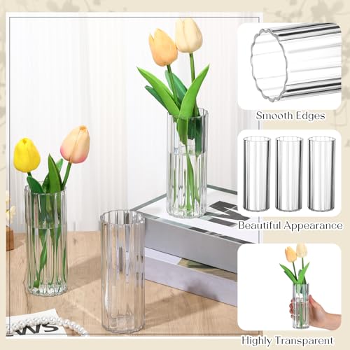 12 Pcs Plastic Small Cylinder Vases for Centerpieces Wedding Decoration, Clear Ribbed Bud Flower Vases Bulk for Wedding Bridal Shower Birthday Living Room Table Decor (5.5 Inch,Cylinder) - size: 5.5 Inch
