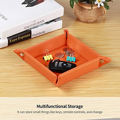 YAPISHI Key Dish Bowl for Men, Entryway Catchall Holder Bedside Table Valet Tray for Pocket Stuff, PU Leather Nightstand Organizer for Dice/Coins/Wallet/Watch/Rings/Sunglasses, Dresser/Coffee Table - color: Orange