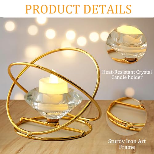 Modern Geometric Candle Holder – Metal & Crystal Design for Taper and Tealight Candles – Tabletop Home Decor (Candle Not Included) (Gold) - color: Gold