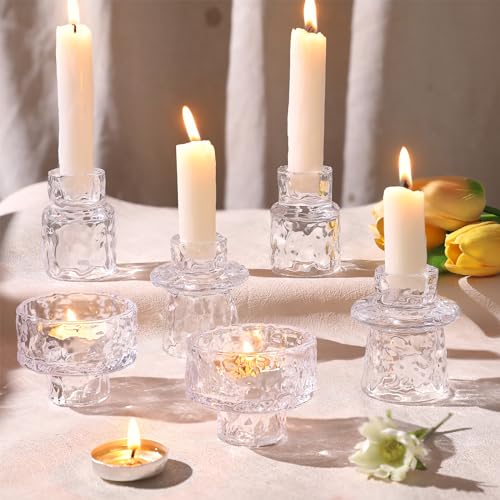 HAVITI 6 PCS Candlestick Holders, Clear Taper Candle Holders, Tealight Candle Holder Glass for Wedding Centerpieces Dinner Party Table Decor - color: Clear