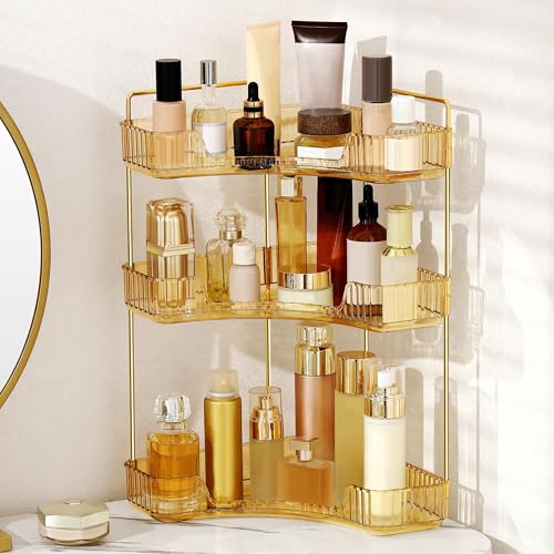 YCIA&DONE Corner Bathroom Counter Organizer, Makeup Organizer for Vanity, Skincare Cosmetic Perfume Tray, Corner Countertop Shelf Rack Storage for Bathroom Kitchen 3 Tiers (Amber Gold) - color: Yellow, size: 3-Tier