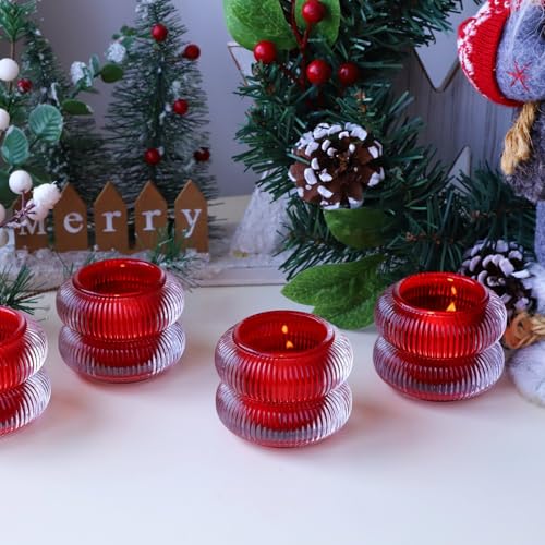 Woho Ribbed Glass Votive Candle Holders Set of 6, Red Tealight Candle Holder for Wedding Table Decor, Vintage Tea Lights Candle Holder for Christmas/Valentines Day Decorations (Red, 2.1" H X 2.75" D) - color: Red
