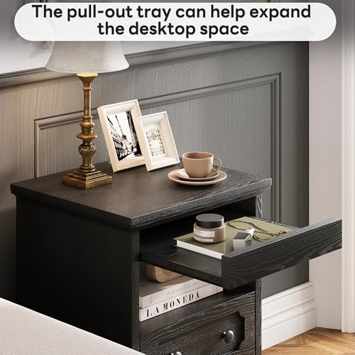 LIKIMIO Night Stand, Modern Bedside Table with 2 Drawers, Open Shelf, End Table with Pull-Out Tray, Wood SideTable, Black - color: Black