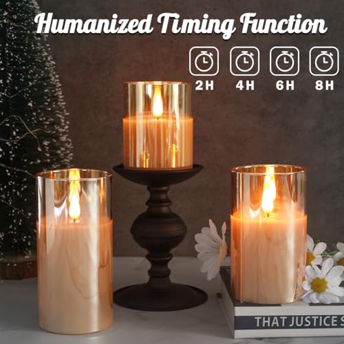 Rechargeable Flameless Candle, Flashing LED Pillar Real Wax Candle with Remote Control and Timer, Upgraded Teardrop Wick, Gold Glass Electronic Candle, 1 Set of 3 - color: Gold Glass-Droplet