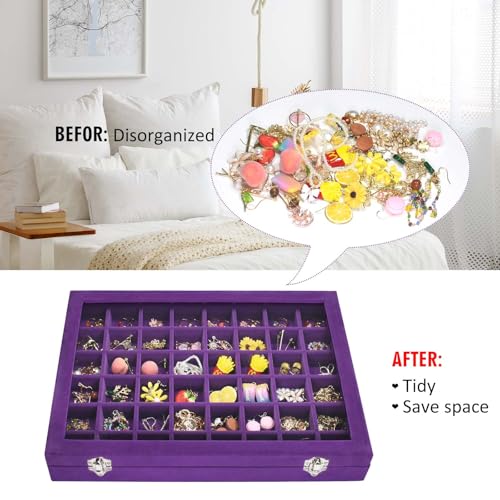 Vicoter Velvet Jewelry Tray 48 Compartments Jewelry Display Organizer with Transparent Cover Rings, Earrings, Necklaces, Pendants Storage Box for Girls, Wives, Mothers, Women - color: Purple, size: 48 Grid