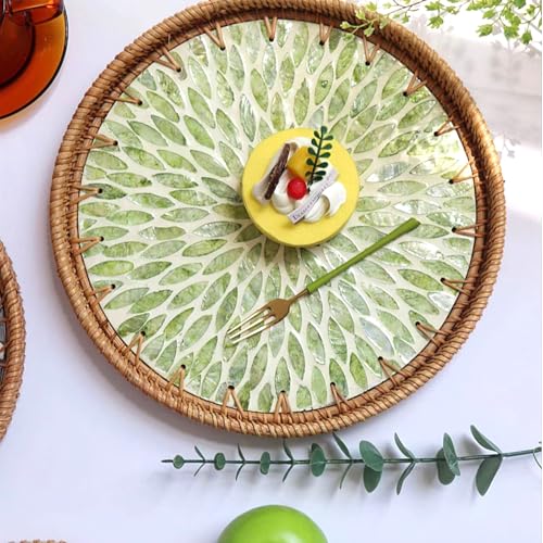Round Rattan Tray with Mother of Pearl Inlay, Decorative Rattan Serving Tray for Home Boho Decor, Coffee Table, Bread, Food, Tea Ottoman Trays, Fruit Wicker Basket,100% Natural Materials Green- 12" - color: Green, size: 12"