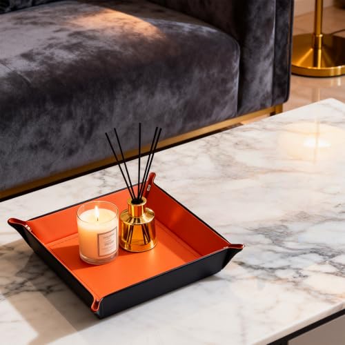 siduater Valet Tray Desktop Storage Organizer – Vegan Leather Catchall Bedside Vanity Tray Nightstand Caddy Holder for Remote Controller, Watch, Keys, Phone, Wallet, Coin, Jewelry (Orange/Black) - color: Orange / Black