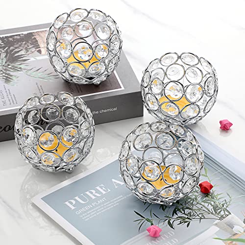 OwnMy Set of 4 Crystal Bowl Tealight Holders Small Round Votive Candle Holders, Silver Crystal Tea Light Candle Lanterns Candle Stands for Dining Table Centerpieces Wedding Decors - color: Silver