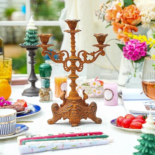 Sungmor Rusty Cast Iron 3 Arm Candelabra, 13" Tall Vintage Candlestick Holder, Decorative Taper Candle Holder, Pretty Centerpiece Candle Stand for Halloween, Christmas, Holiday Décor - color: Classical - 13inch Tall