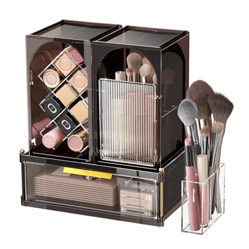 INVSSENE Stackable Makeup Organizer Countertop, Storage Perfume Skincare Cosmetic Lipstick Face Mask Makeup Brush Palettes, Ideal for Vanity Bathroom Counter - color: 3515 Coffee+Clear