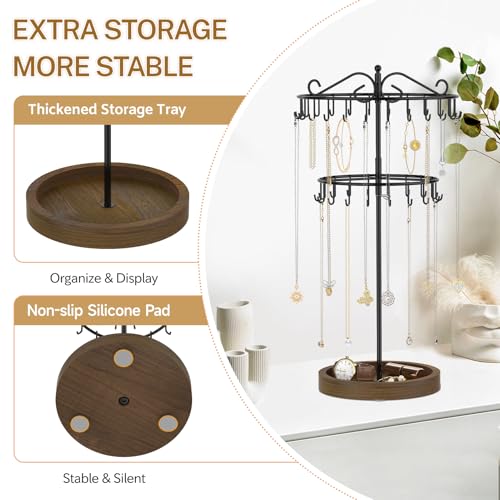 iDavosic.ly 2 Tier Rotating Necklace Holder Organizer with Wooden Jewelry Tray, Adjustable Metal Bracelet Display Stand with 42 Hooks, Extra Tall Keychain Spinning Tree Tower for Women, Black - color: Black with Wooden Tray