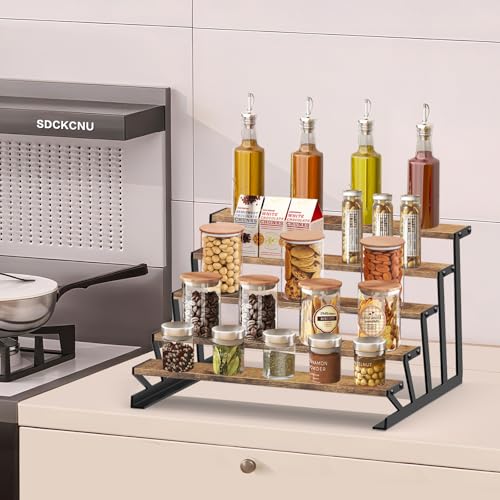 KALYLOC 5 Tier Wooden Display Riser Stand 13.8 Inch Metal Step Perfume Stand Organizer Tabletop Tiered Display Shelf Rack for Cologne Cupcake Spice Figures Cosmetics Candles (Brown, Z-Shape) - color: Brown, size: 5 tier-Z shape
