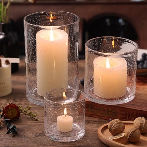 NITIME Hurricane Candle Holder Set of 3 Clear Candle Holders for Pillar Candles, Seeded Bubbles Glass Candle Holder for table centerpiece, Glass Cylinder Vases for Home, Patio and Wedding 8"4.7"3.5"H - color: Clear, size: Medium