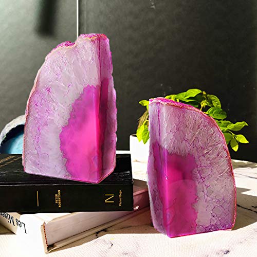 JIC Gem Pink Dyed Agate Bookends Geode Book Ends Stone Bookends for Shelves to Hold Books Heavy Duty with Rubber Bumpers for Decoration Brazilian(1 Pair, 3-4 LBS) - color: Pink Dyed, size: 3-4LBS.