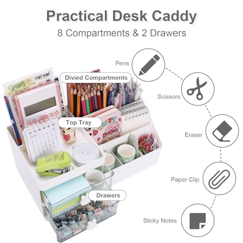 Meiikun Desk Organizer, Makeup Organizer with 2 Drawer, 7 Compartment & a Top Tray, Desktop Organizers and Storage for Women, Cute Home organization Bathroom, 11" x 5.7" x 4.7" (White) - color: 8 Compartments + 2 Drawer (White)