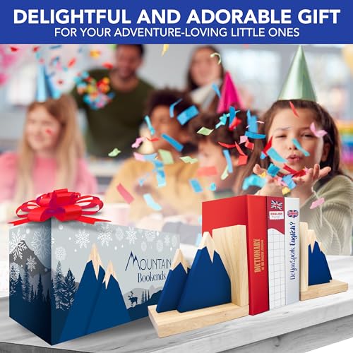 Decorably Blue Mountain Book Ends for Kids Books - 1 Set Non-Skid Wooden Bookends for Kids, Book Ends for Shelves, Kid's Room, Baby's Nursery, Classroom