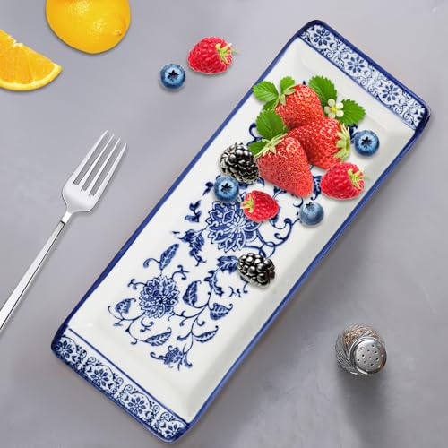 11" Blue and White Porcelain Serving Tray, Blue and White Decor Elegant Coffee Table Tray, Handcrafted Coffee Table Tea Tray Decor, Ceramic Small Tray for Kitchen Sandwich Snack Appetizer Dessert