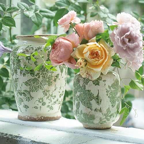 SYDDOL 5.5" Vintage Ceramic Vase, Rustic French Country Style with Crackle Glaze, Handcrafted Green Floral Pattern, Small Decorative Vase for Home, Table Centerpieces, Living Room, Shelf & Mantel