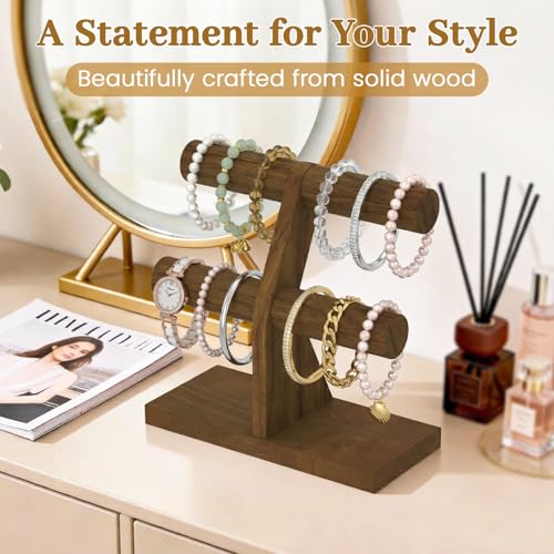 MODOWEY Bracelet Holder Organizer Display Stand, 2 Tier Wooden T Bar Bangle Rack for Dresser, Small Jewelry Hanger with Rod for Vendor Selling, Desktop Vertical Jewellery Tree for Home Business, Brown - color: Brown
