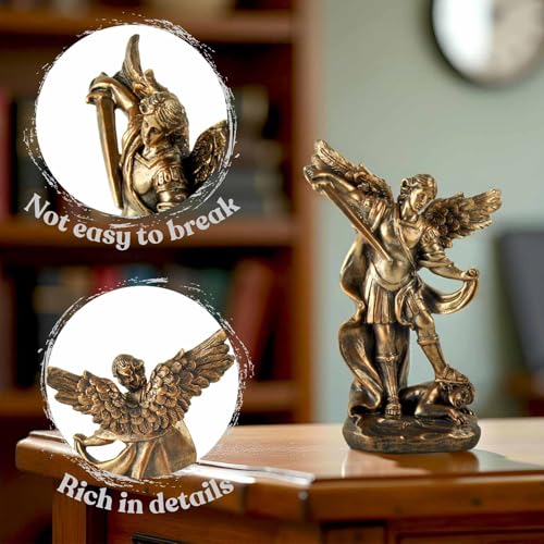 St. Michael The Archangel Statue – Bronze Resin Religious Figurine Depicting Saint Michael Defeating Evil – Christian Catholic Angel Sculpture for Home, Office, and Prayer Decor - size: 3.54 × 1.65 × 5.32 inches