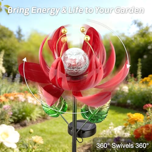 AIINY Solar Lights Outdoor Garden Decor, Solar Wind Spinner Yard Decorations Gifts for Outside, Lotus Windmill Pathway with LED Cracked Crystal Ball Waterproof Flower Sculpture for Patio Lawn - color: Charming Purple