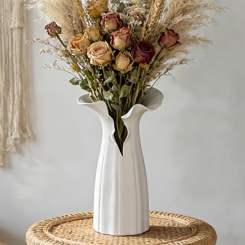 Abstract Irregular Ceramic Vase, White Irregular Pottery Vase, Handmade Decorative Minimalist Flower Vases for Modern Home, Tabletop, Shelf & Office - size: 16" x 12" x 28"