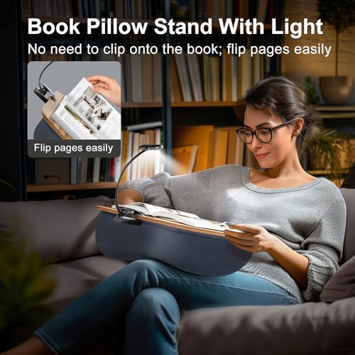 ERGONOV Book Pillow Stand with 6500K Reading Light, Hands Free Book Holder, Comfortable Lap Book Stand for Reading in Bed, Desk, or Sofa, Wooden Book Rest for Book Lovers,AAA Battery Required