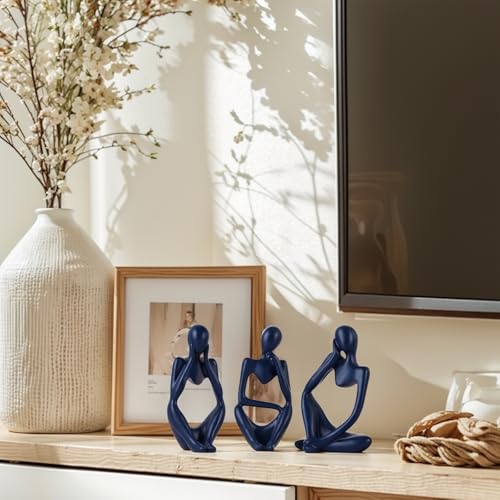 Navy Blue Thinker Statue Set of 3 - Navy Blue Decor for Table, TV Stand, Shelf, Desk - Resin Figurines for Living Room, Minimalist Bookcase Decorative, Modern Sculpture, Home Accents - color: Blue
